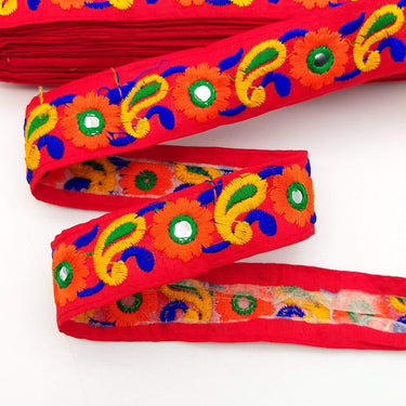 Red Floral Mirrored Trim With Orange Flowers And Yellow Paisley Embroidery, Decorative Trimming, Trim By 3 Yards